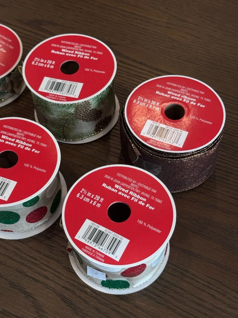 Assorted Wired Holiday Ribbon - Red, Green, White, Gold, Silver , Brown